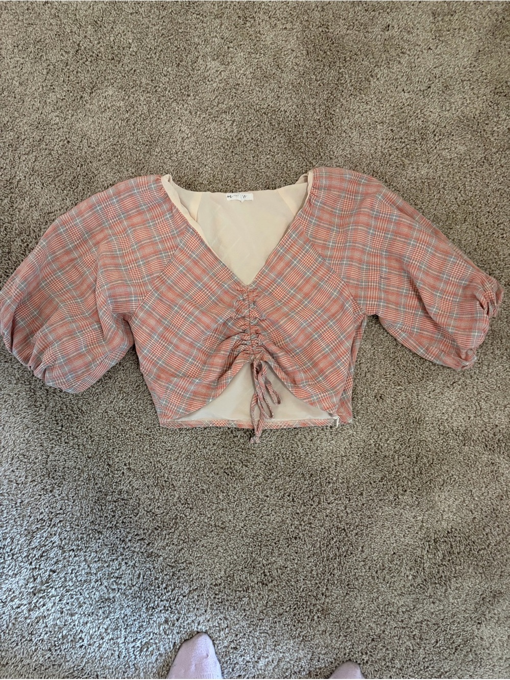 NARS Peach Plaid Ruched V-Neck Crop Top